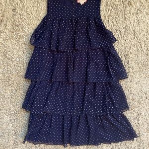 Navy ruffled tiered dress with silver dot accents- Ruby and Bloom size 8